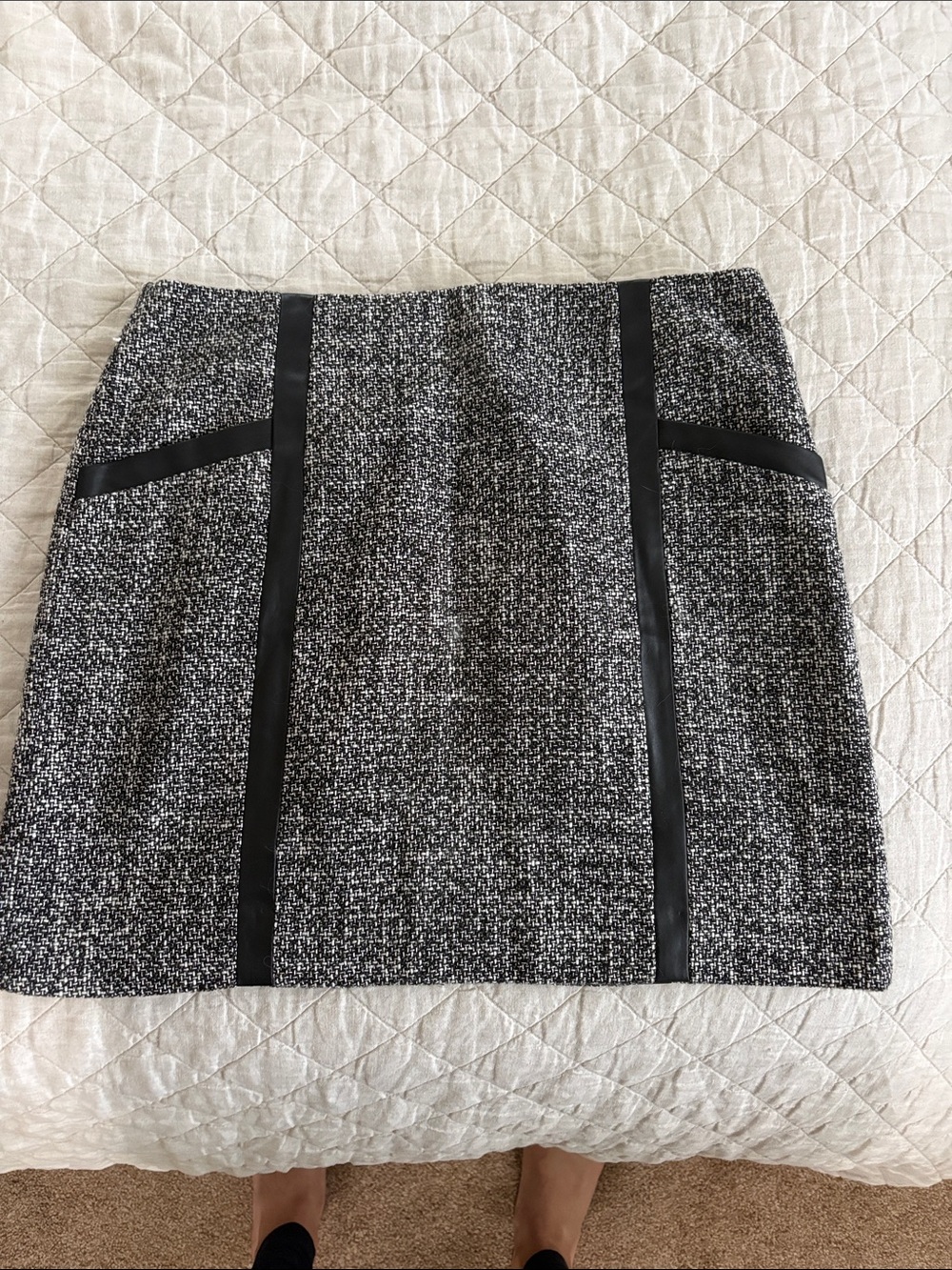 Banana Republic Black and White Tweed Pencil Skirt with Faux Leather Trim
